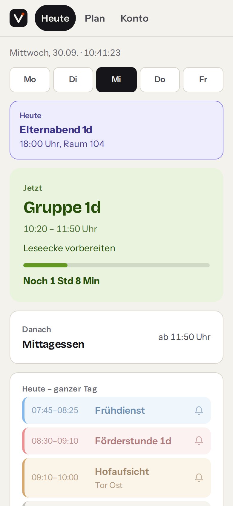 Die Heute-Ansicht der App: aktueller Block „Gruppe 1d“ mit Restzeit, darunter der ganze Tag in Farben