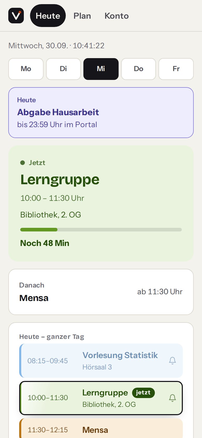 Die Heute-Ansicht der App mit einem Unitag: die laufende Lerngruppe mit Restzeit, darunter Vorlesung, Mensa, Seminar und Nebenjob