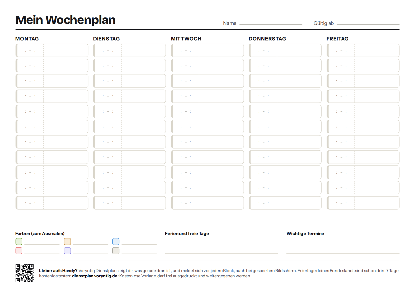 Vorschau der Wochenplan-Vorlage: fünf Spalten von Montag bis Freitag mit je elf Zeilen für Uhrzeit und Tätigkeit, darunter Felder für Farben, Ferien und Termine